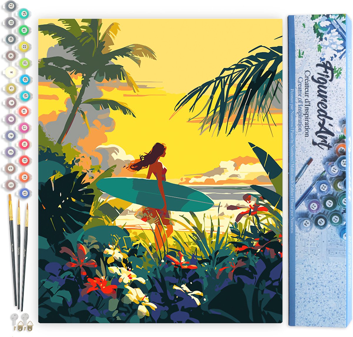 FiguredArt Schilderen op Nummer Volwassenen canvas Surfer bij zonsondergang- Handwerk acrylverf Kit DIY Compleet - 40x50cm zonder frame